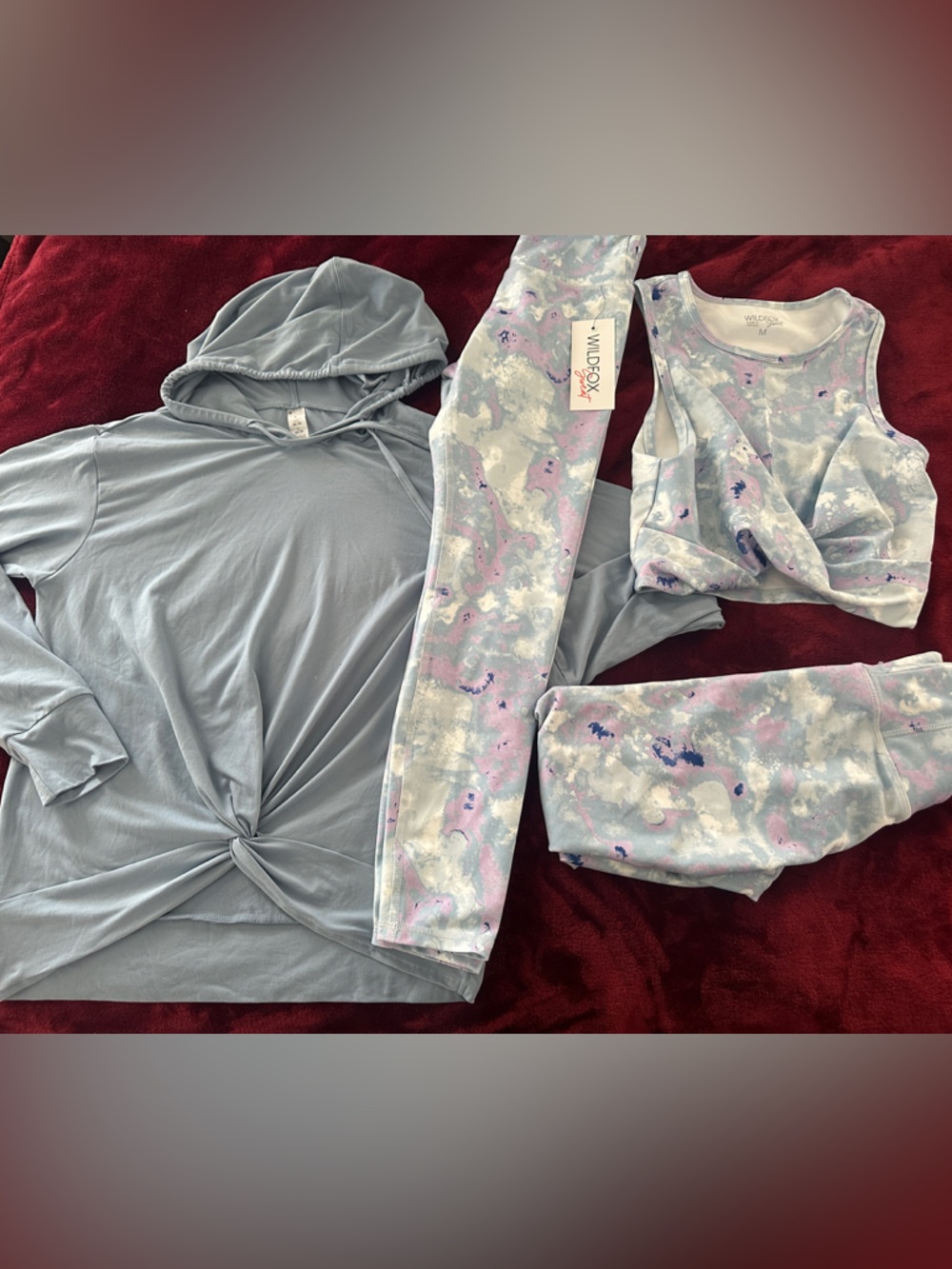 Wildfox Dusty Blue Hooded Top with Pastel Tie-Dye 4 pc Leggings Set S